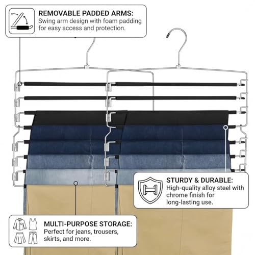 USTECH 8 Tier Hangers for Pants (Set of 2) | Multi Tier Swing Hanger with Foam Padding & Removable Arm | Pant Hangers Space Saving | Bottom Hangers | Tiered Pants Hangers
