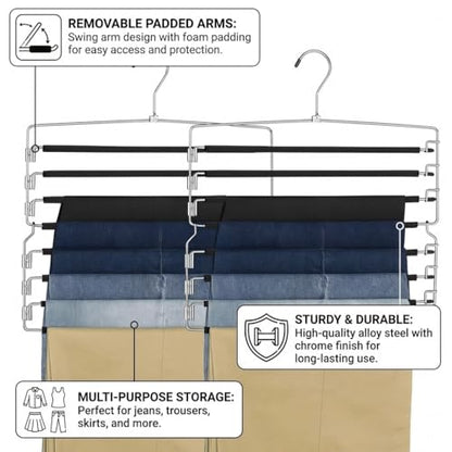 USTECH 8 Tier Hangers for Pants (Set of 2) | Multi Tier Swing Hanger with Foam Padding & Removable Arm | Pant Hangers Space Saving | Bottom Hangers | Tiered Pants Hangers