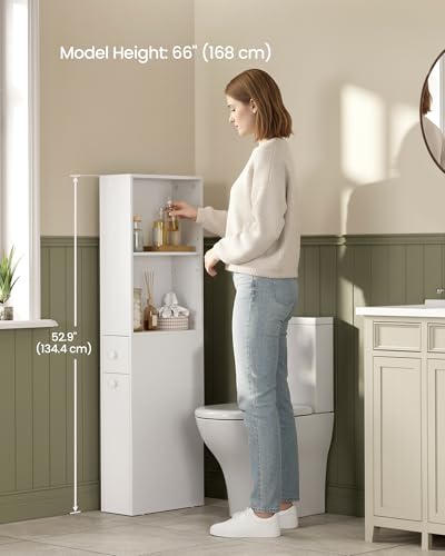VASAGLE Slim Bathroom Storage Cabinet, Narrow Freestanding Cabinet with Storage Drawers and Adjustable Shelf, for Small Spaces, Modern Style, Cloud White UBBK567T14S