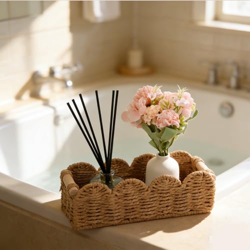 Paper Rope Storage Basket Set of 2 with Wooden Handles - Scalloped Toilet Paper Organizer, Cute & Functional Home Decor for Bathroom or Living Room (Beige)