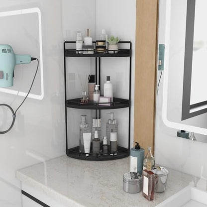 Dorhors Corner Bathroom Organizer Countertop,Vanity Counter Storage Shelf | 3 Tier Black Stand Rack Holder for Kitchen,Dresser,Restroom,Wood Bathroom Sink Tray for Makeup,Perfume,Skincare,Lotion