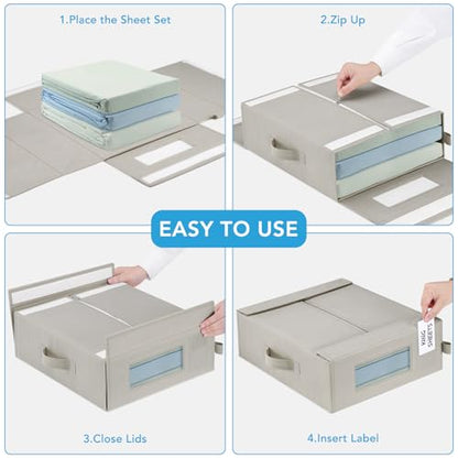 3 Pcs Bed Sheet Organizers and Storage, Large Size Sheet Set Organizers (Queen & King) Duvet Covers Blanket Storage for Linen Closet with Handle, Zipper, Label and Clear Window, Grey