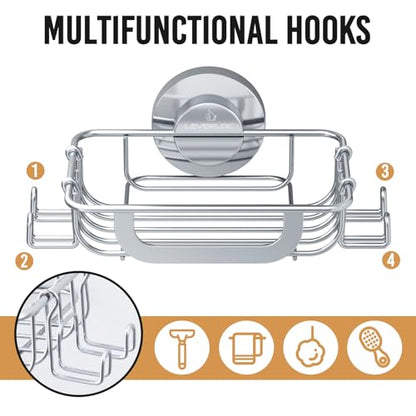 Bar Soap Holder with Hooks, Suction Cup Soap Dish Stainless Steel | Soap Holder Shower Wall Mounted, Soap and Razor Holder for Shower, Rustproof for Bathroom, Sponge Holder Saver, Silver