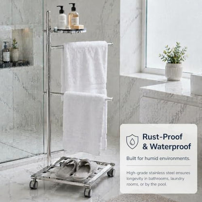 LOFIR Silver Stainless Steel Freestanding Pool Towel Rack | 2-bar stainless towel rack with tray & base storage for pool, hot tub, patio and bathroom towel drying use