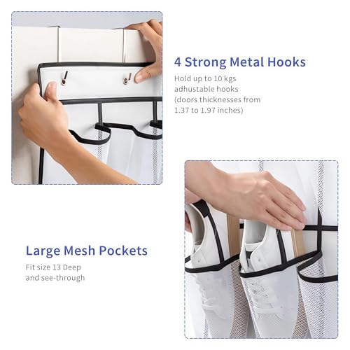 35 Pockets Over the Door Shoe Organizer, Hanging Shoe Organizer for Door with 35 Mesh Pockets Large Capacity Shoe Hanging Storage Bag with 4 Metal Hooks (White-1Pack)
