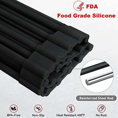 Roll Up Dish Drying Rack Silicone Wrapped Over The Sink Dish Drying Rack Multipurpose Foldable Sink Drying Mat Anti-Slip & Anti-Rust Dish Rack for Kitchen, 17.5" x 13", Black