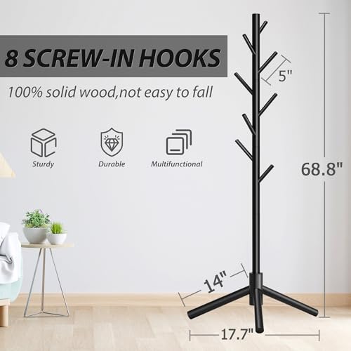 Unisakey 8-Hook Freestanding Wooden Coat Rack 3 Adjustable Heights Black | Stable Triangular Base for Safety,Durable Construction,Simple Tool-Free Assembly,Ideal for Bedroom Hallway Office Entryway