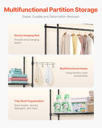 VEVOR Over Washer and Dryer Storage Shelves, 6 Tiers Laundry Room Drying Rack with Hanger Rod and Hooks, Two Rows Adjustable Washer Shelves Space Saver, for Laundry Room Storage & Organization, Black
