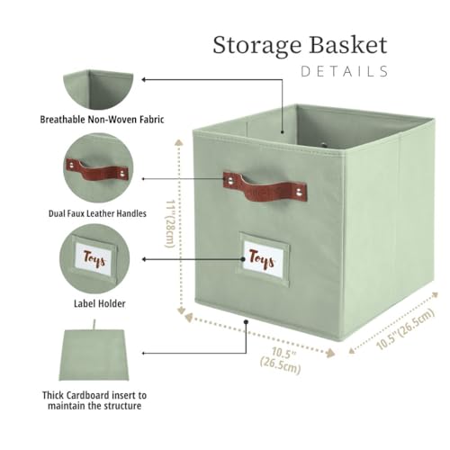 DECOMOMO Storage Bins, Cube Storage Bin with Labels | 10.5" x 11" Fabric Storage Cubes for Shelves (6pcs, Sage Green)
