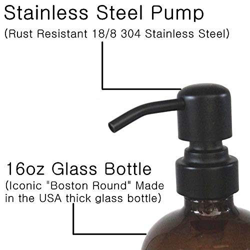 2 Pack Thick Amber Glass Pint Jar Soap Dispenser with Matte Black Stainless Steel Pump, 16ounce Boston Round Bottles Dispenser with Rustproof Pump for Essential Oil, Lotion Soap | Stainless Steel Pumps, Refillable Bottles, For Kitchen & Bathroom