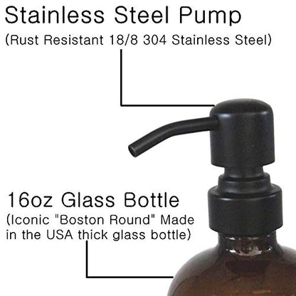 2 Pack Thick Amber Glass Pint Jar Soap Dispenser with Matte Black Stainless Steel Pump, 16ounce Boston Round Bottles Dispenser with Rustproof Pump for Essential Oil, Lotion Soap | Stainless Steel Pumps, Refillable Bottles, For Kitchen & Bathroom