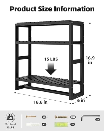 Galood Over The Toilet Storage Bathroom Shelves Wall Mounted 3 Tier Black | Space Saver Corner Shelf Organizer Bamboo Towel Rack Toilet Paper Cabinet with Hanging Rod
