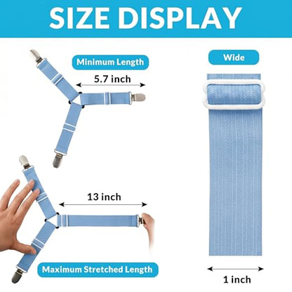 Bed Sheet Straps, 8-Pack Adjustable Bed Sheet Clips - Easy Install Secure Fit Clips, Non-Slip Elastic Holders for Fitted Sheets | Keep Sheets in Place (Blue)