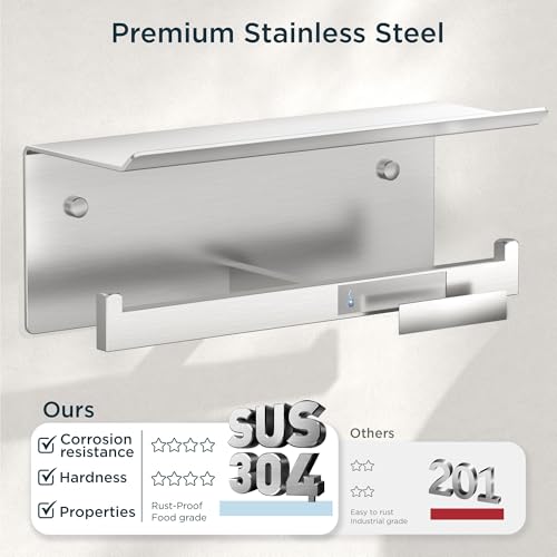 FORIOUS Toilet Paper Holder with Shelf, Commercial Toilet Paper Dispenser | Brushed Nickel | SUS304 Stainless Steel Wall Mount Double Bathroom Tissue Roll Holder for Hotel, Apartments, etc