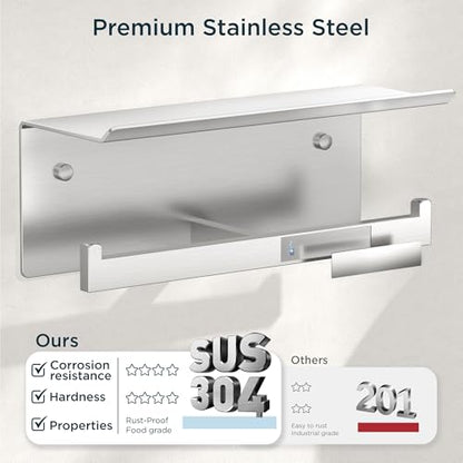 FORIOUS Toilet Paper Holder with Shelf, Commercial Toilet Paper Dispenser | Brushed Nickel | SUS304 Stainless Steel Wall Mount Double Bathroom Tissue Roll Holder for Hotel, Apartments, etc