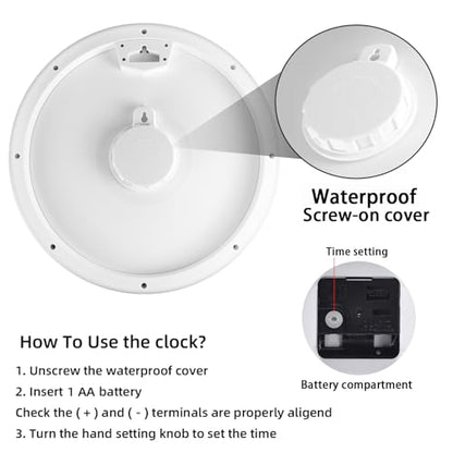 Caysie 16 Inch Sealed Large Outdoor Clock Waterproof, Silent Battery Operated Weatherproof Wall Clocks for Pool Patio Outside Home (White Blue)
