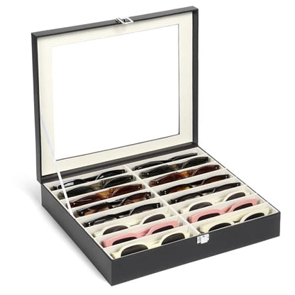 Sunglasses Organizer Case with Adjustable Slots, Eyeglasses Display with Lid, Eyewear Storage Box for Large Glasses
