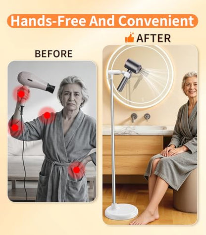 Hair Dryer Stand Holder Hands Free, 360° Blow Dryer Holder | With Anti-Slip Stable Base, Aluminum Alloy, Adjustable Height 17-51 Inch for Bathroom & Pet Grooming & Salon（White）