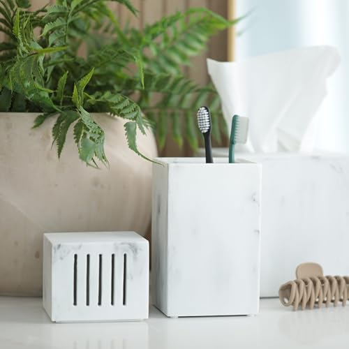 Toothbrush Holder with Lid, Elegant White Marble Bathroom Toothbrush & Toothpaste Organizer – Blanc Collection