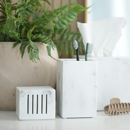 Toothbrush Holder with Lid, Elegant White Marble Bathroom Toothbrush & Toothpaste Organizer – Blanc Collection