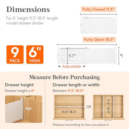 Lifewit 6" Tall 9 Pack Drawer Dividers, 11.5"-18.5" Adjustable Deep Drawer Organizer Clothes, Expandable White Plastic Separators for Dresser, Kitchen, Cabinet, Closet, Office Organization & Storage