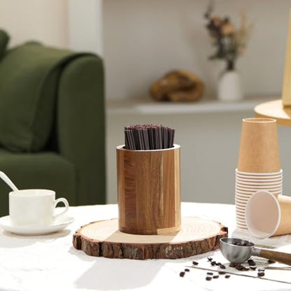 Acacia Wood Coffee Straw Holder Set with 100 Disposable Straws, Wooden Bar Accessories for Milk Cocktail Tea Drinks Stirrer Stir Sticks, Organizer for Station Countertop