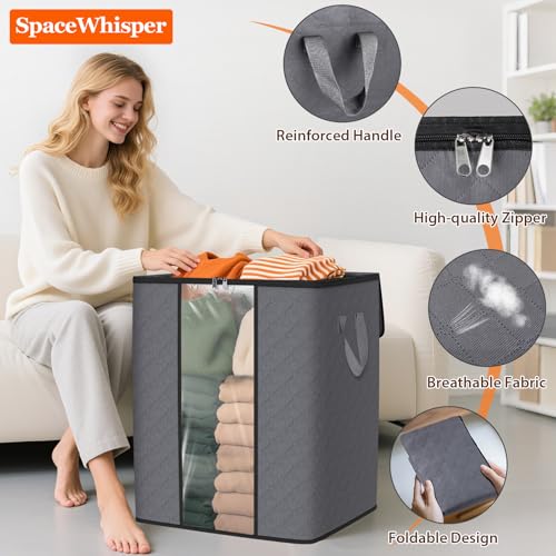 SpaceWhisper 3 Pack 100L Clothes Storage, Foldable Storage Bags, Grey | Thick Fabric, Clear Window, with Reinforced Handle, for Clothing, Blanket, Comforters, Bedding Organizing