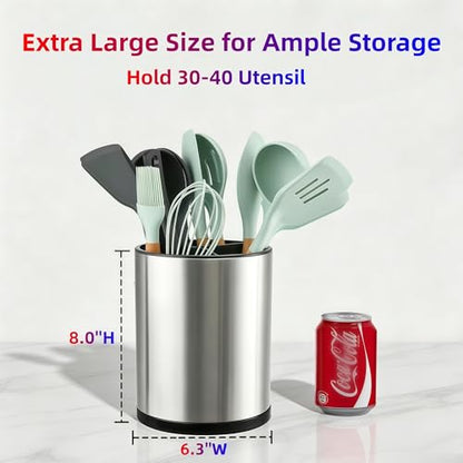 Kitchen Utensil Holder,Extra Large 360°Rotating For Countertop Organizer | Stainless Steel Storage,Hold 40 Utensils,Cooking Silverware Caddy 3 Compartment Spoon Spatula Tool Container（Silvery）
