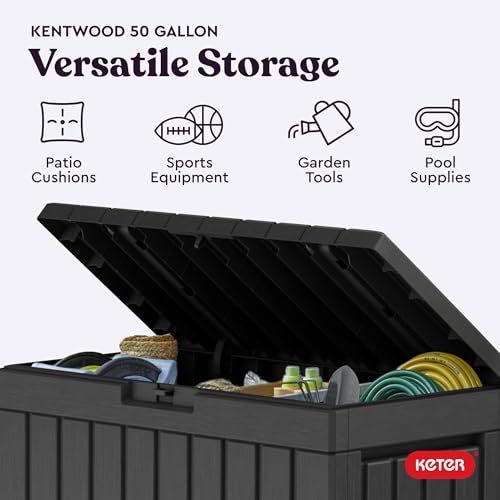 Keter Kentwood 50 Gal Outdoor Storage Box and Patio Side Table | Grey, Resin, Compact, Weatherproof, Lockable, Durable, Easy Assembly, Organization, Patio Cushions Storage
