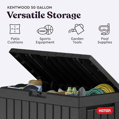 Keter Kentwood 50 Gal Outdoor Storage Box and Patio Side Table | Grey, Resin, Compact, Weatherproof, Lockable, Durable, Easy Assembly, Organization, Patio Cushions Storage