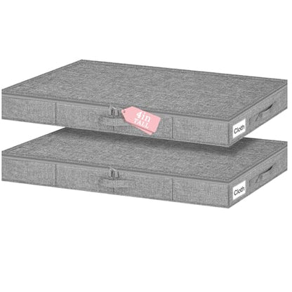 4-In Low Profile Under Bed Storage, Rigid Structure, 2 Pack, Gray | Below 4 Inch Low Space Storage, Rigid Sides & Bottom, Reinforced Handles, Foldable Design, for Couches, Cribs, Dorm Beds