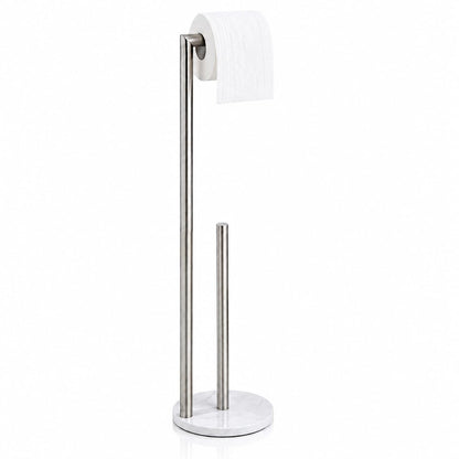 Marble Toilet Paper Holder Stand - Brushed Nickel, Freestanding with Storage, Floor Stand, Silver Toilet Roll Holder, Standing Paper Towel Holder