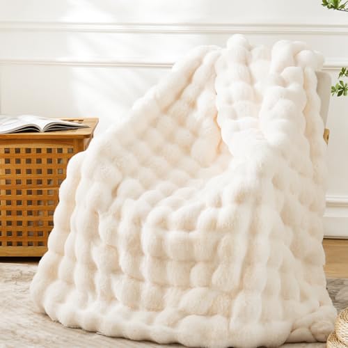 Faux Fur Throw Blanket for Couch - Cozy Plush Fluffy Soft Thick Bubble Blanket for Living Room Home Decor - Mothers Day Birthday Gifts for Women, Cream White, 51" x 63"