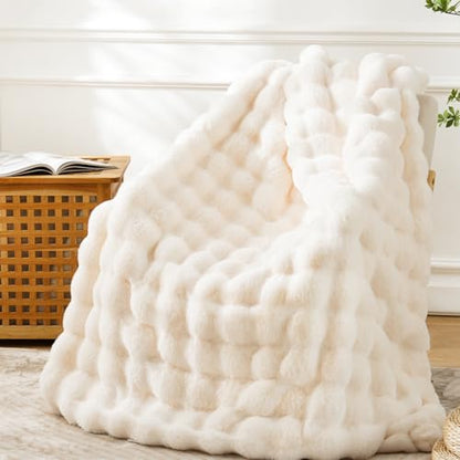 Faux Fur Throw Blanket for Couch - Cozy Plush Fluffy Soft Thick Bubble Blanket for Living Room Home Decor - Mothers Day Birthday Gifts for Women, Cream White, 51" x 63"