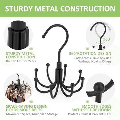 Belt Hanger, 2 Pack Rotatable Belt Organizer Rack for Closet Sturdy Max 48 Belts Storage with 16 Hooks, Hanging Space Saving Closet Organizers for Belts Holder, Black