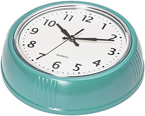 Bernhard Products Retro Wall Clock 9.5 Inch Blue Kitchen 50's Vintage Design Round Silent Non Ticking Battery Operated Quality Quartz Clock (Robin Egg Blue)