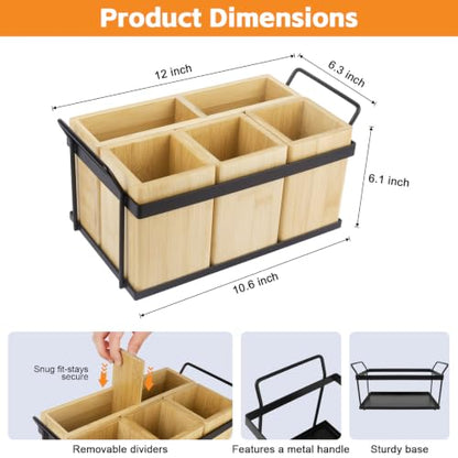 4-in-1 Detachable Silverware Caddy with Removable Dividers and Iron Base | Plate and Flatware Storage, Flexible Storage Layout, Portable Side Handles, Solid-Bottom Design, Easy Assembly and Cleaning