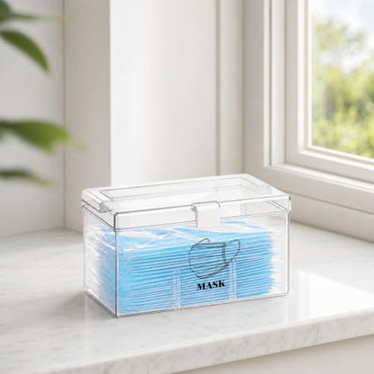 Face Mask Dispenser Box with Handle Countertop Mask Storage Box Holder Dust-Proof Mask Storage Case for Disposable Emesis Bag, Shoe Cover and Hairnet for Home Office Car Clear