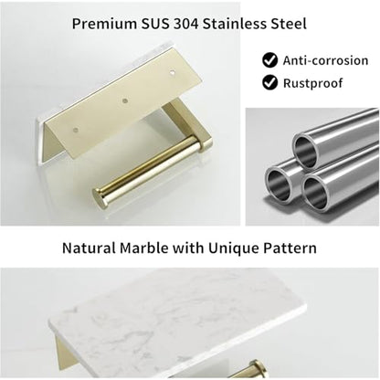 BWE Brushed Gold Toilet Paper Holder with Marble Shelf Wall Mounted | Toilet Paper Roll Holder with Phone Shelf 304 Stainless Steel Tissue Holder for Bathroom Washroom,Saving Space