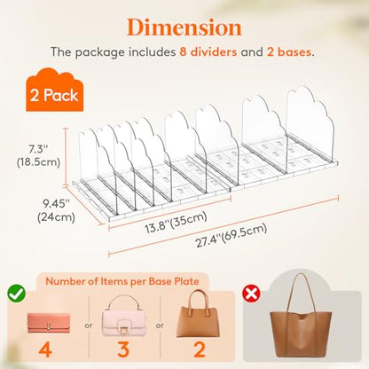 Lifewit Purse Organizer for Closet, Clear Handbags Storage Organizer, Adjustable Clutch Purse Storage Organizer Holder for Closet, 2 Pack Bookshelf Dividers for Sweater in Bedroom 35 x 24 cm/14 × 9.5"