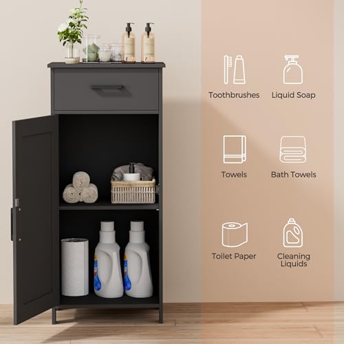 Bathroom Storage Cabinet with Drawer & Adjustable Shelf | Freestanding Storage Cabinet for Bathroom, Entryway, Living Room & Kitchen, Black, 15.7"W