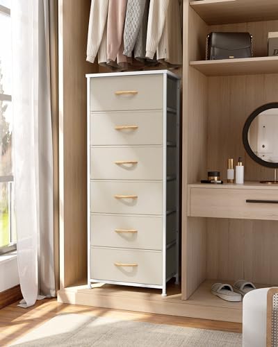 Tall 6-Drawer Fabric Dresser Tower for Closet, Vertical Storage, Beige | Sturdy Steel Frame, Wood Top and Easy Pull Fabric Bins Handles - Organizer Unit for Bedroom, Hallway, Entryway