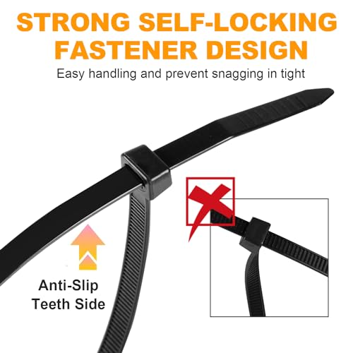 1200pcs Black Cable Zip Ties 12 Inch, Heavy Duty Plastic Nylon Tie Wraps with 50lb Tensile Strength for Indoor & Outdoor