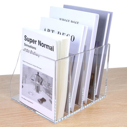 Acrylic Magazine File Holder, 4 Vertical Compartments Desk Document Sorter Organizer, Clear Folder Rack Binder for Office/Home/Classroom, for Documents, Tablet, Magazines, Books & Accessories