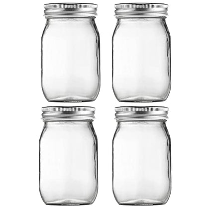 Glass Mason Jars, 16oz Regular Mouth Canning Jar with Airtight Lids, 4 Pack