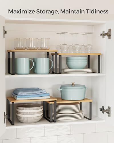SONGMICS Cabinet Organizer Shelf, Set of 2 Kitchen Counter Shelves, Kitchen Storage, Spice Rack, Stackable, Expandable, Metal and Engineered Wood, 11.7 Inches, Ink Black and Natural Beige UKCS02NB