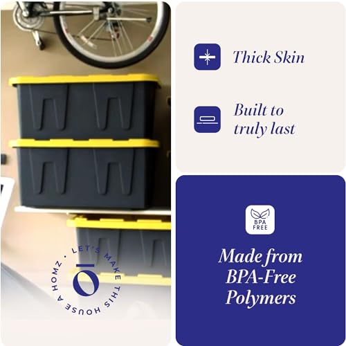 HOMZ Durabilt Plastic Storage Bins with Lids, 27 Gal, Black/Yellow, 2 Pack | Heavy-Duty Large Stackable Container Boxes for Home, Attic, and Garage Organization