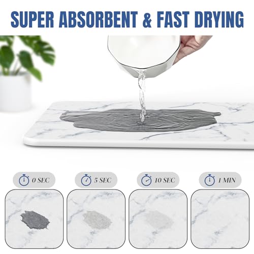 Quick Dry Stone Drying Mat for Kitchen Counter, Water-Absorbent Diatomaceous Dish Drying Mats, Multi-Purpose Stone Drying Tray for Cups Dishes Bottles, Carrara White Marble