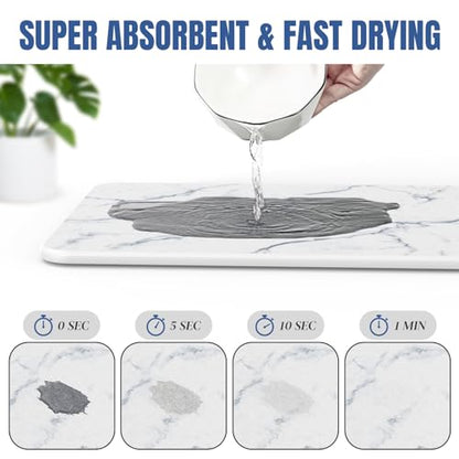 Quick Dry Stone Drying Mat for Kitchen Counter, Water-Absorbent Diatomaceous Dish Drying Mats, Multi-Purpose Stone Drying Tray for Cups Dishes Bottles, Carrara White Marble