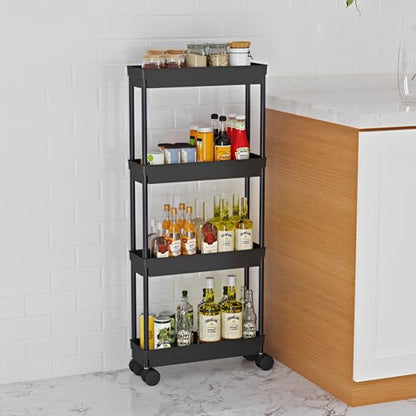 Sooyee 4 Tier Slim Storage Cart, Black | Rolling, Narrow Shelf, Mobile Shelving Unit Organizer, For Kitchen, Bathroom, Laundry Room